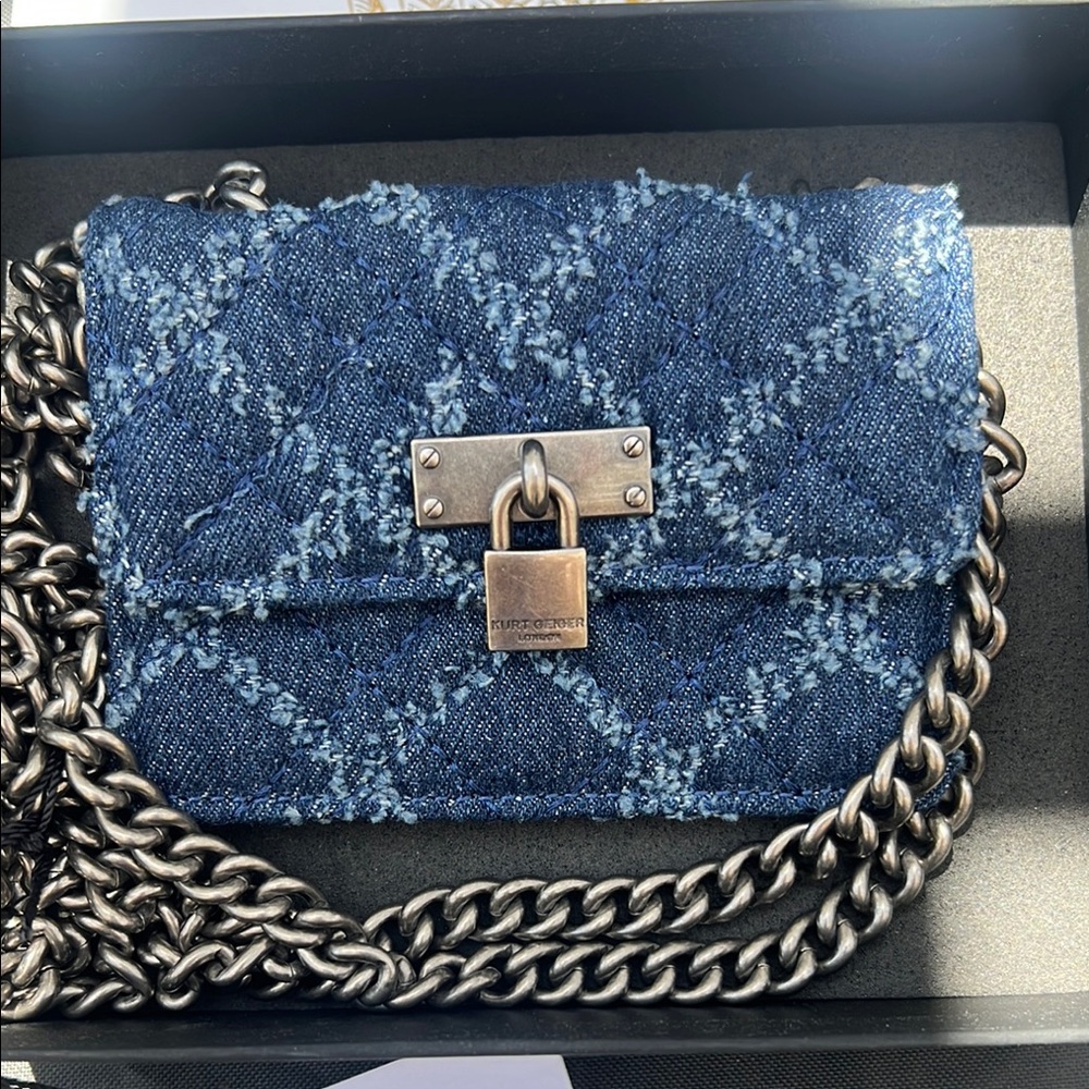 Kurt Geiger Denim Micro Brixton Bag with Silver Chain NWT - Picture 2 of 6